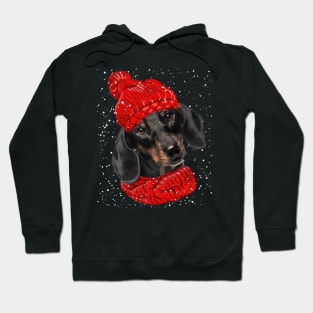 Black Dachshund Wearing Red Hat And Scarf Christmas Hoodie